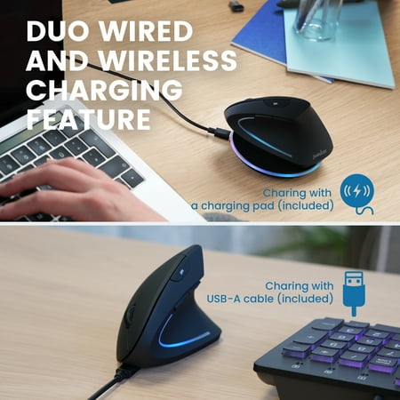 Perixx PERIMICE-713RX Wireless Rechargeable Vertical Mouse - Duo Wired and Wireless Charging Feature - Wireless Charging Pad Included - 6 Buttons Design - Black - Right-Handed Design