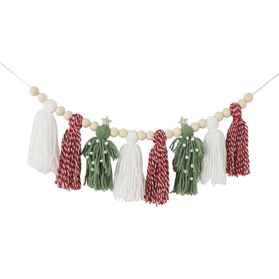 Christmas Tassel Garland Decoration, Boho Handmade Fringe Banner, Red Green Xmas Ornament for Fireplace Mantel, Wall, Door & Tree Hanging Decor with 8Pcs Tassel
