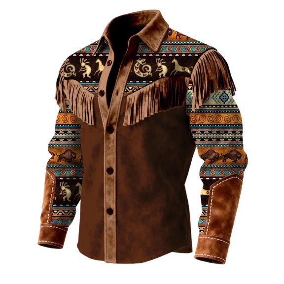 XIAONU Southwest Tribal Fringe Shirt for Men Long Sleeve Cowboy Button Shirts