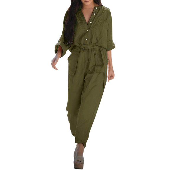 Long Sleeve Jean Jumpsuits Women Women Elegant Long Sleeve Casual Long Wide Pants Jumpsuits With Pockets Belt
