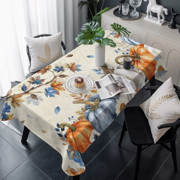 Orange Blue Pumpkin Fall Table Cloth Waterproof Tablecloths, Thanksgiving Maple Leaves Branch Tablecloth Dining Table Cover for Kitchen Party Tabletop Outdoor, Rectangle Tablecloth 60x120 Inch