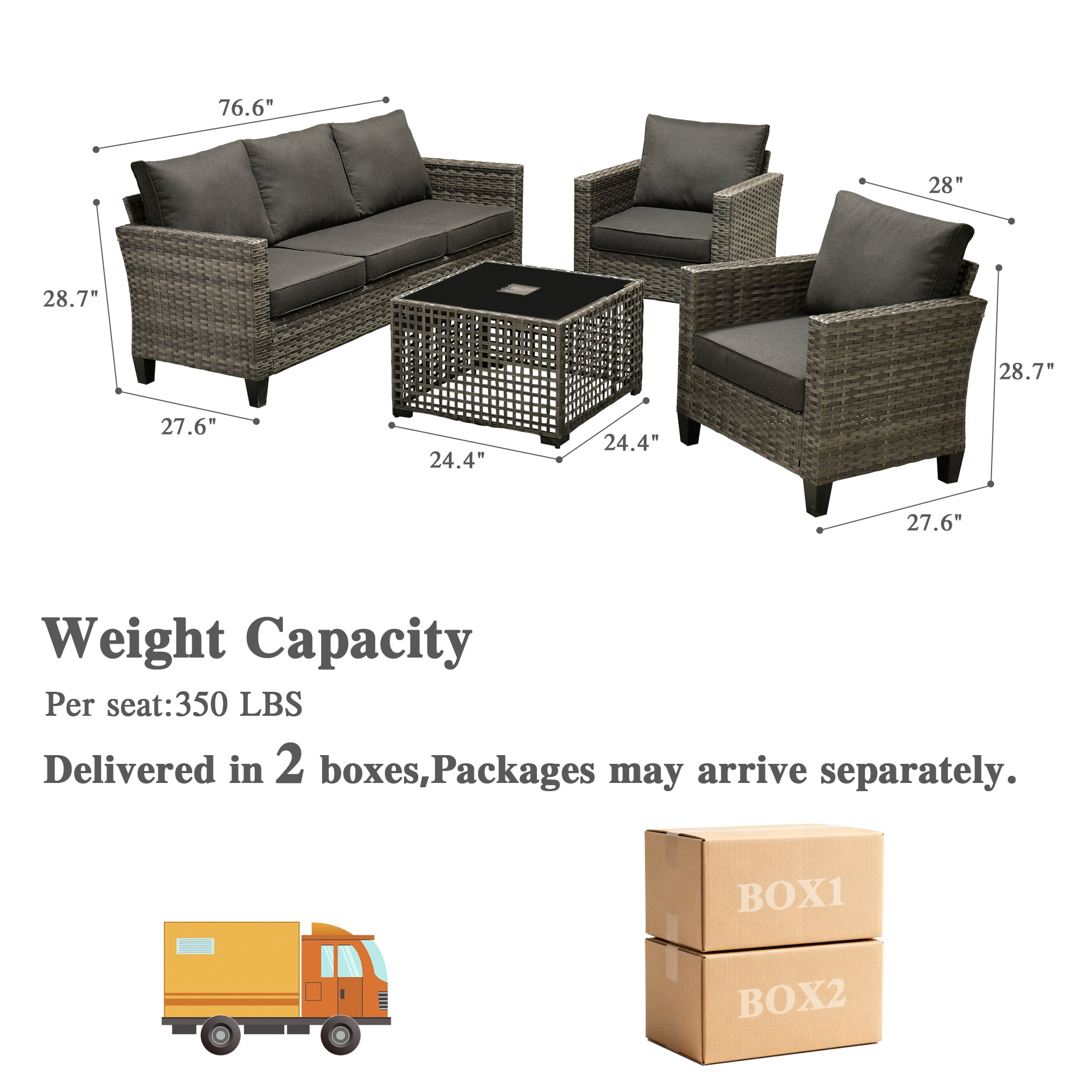 Ovios 4 Pieces Outdoor Patio Furniture Set with Lighted Coffee Table All-Weather Wicker Rattan Conversation Sofa Set, Black