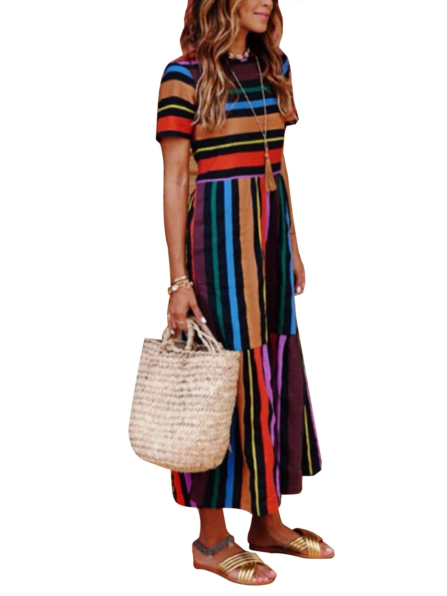 YFancy Plus Size Dresses Womens Dress Casual Beach Short Sleeve Stripe Bohemian Summer Party V-Neck Long Maxi Dress 