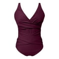 thumbnail image 4 of Huesdet Tummy Control Swimsuits for Women One Piece Bathing Suit Push Up Ruched V Neck Full Coverage Swimwear(Wine,S), 4 of 5