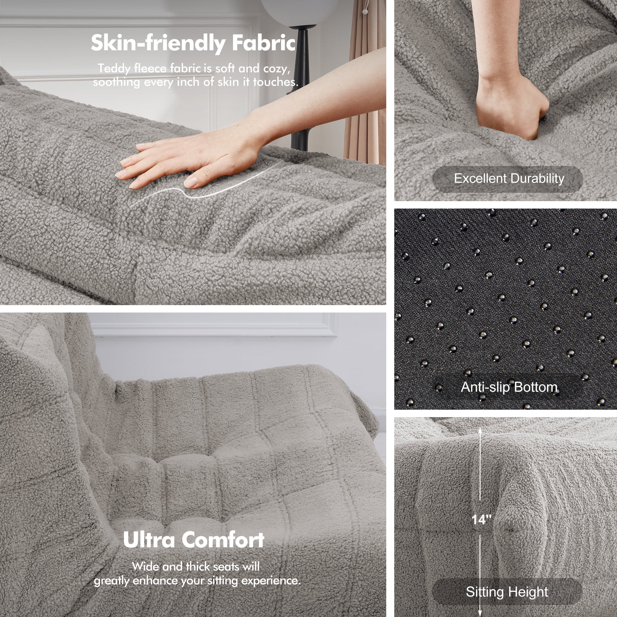 HARIPUL Bean Bag Loveseat Chair, Memory Foam Filled Teddy Fabric Sofa for Adults, Fireside Lounge Chair for Home, Apartment or Gaming Room, LightGrey