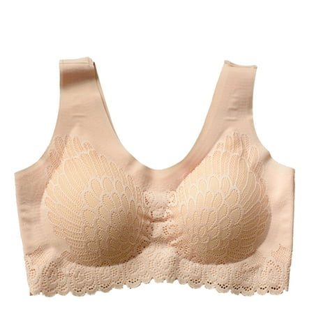 

Grofry Women Fashion Padded Solid Color Lace Sports Bra Seamless Brassiere Underwear Apricot L