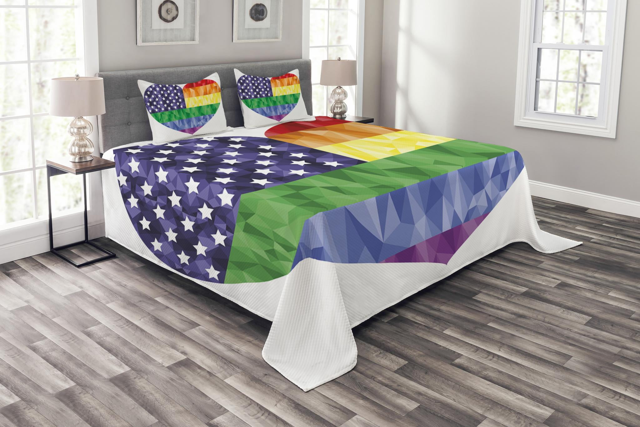USA Quilted Bedspread & Pillow Shams Set Heart Gay Flag Rainbow Art Print 