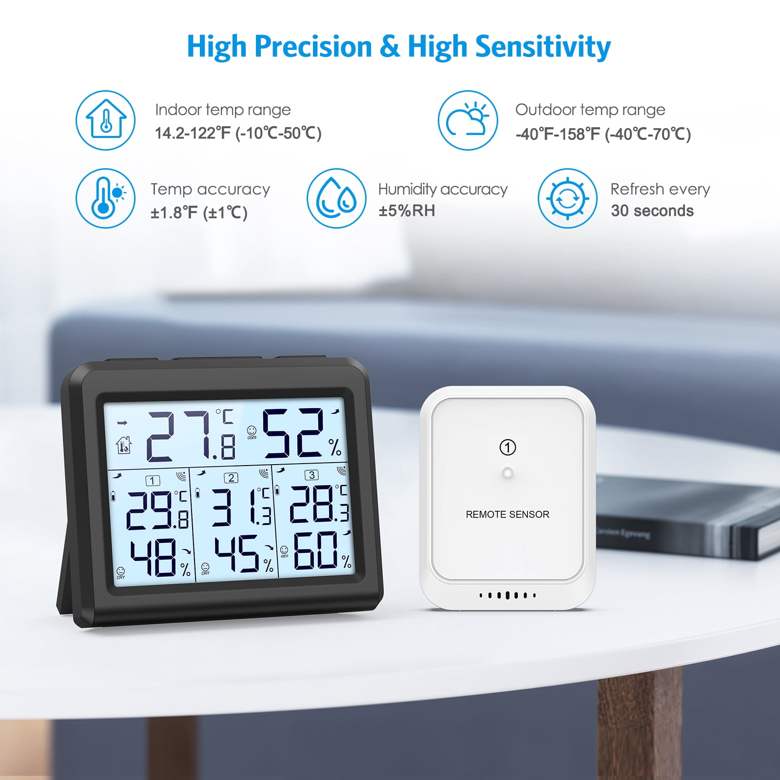 Indoor Thermometer, AMIR Indoor Outdoor Thermometer Digital Hygrometer Thermometer with 3 Sensor Humidity Gauge Indoor Thermometer for Home Bedroom Baby Room Greenhouse Warehouse Black