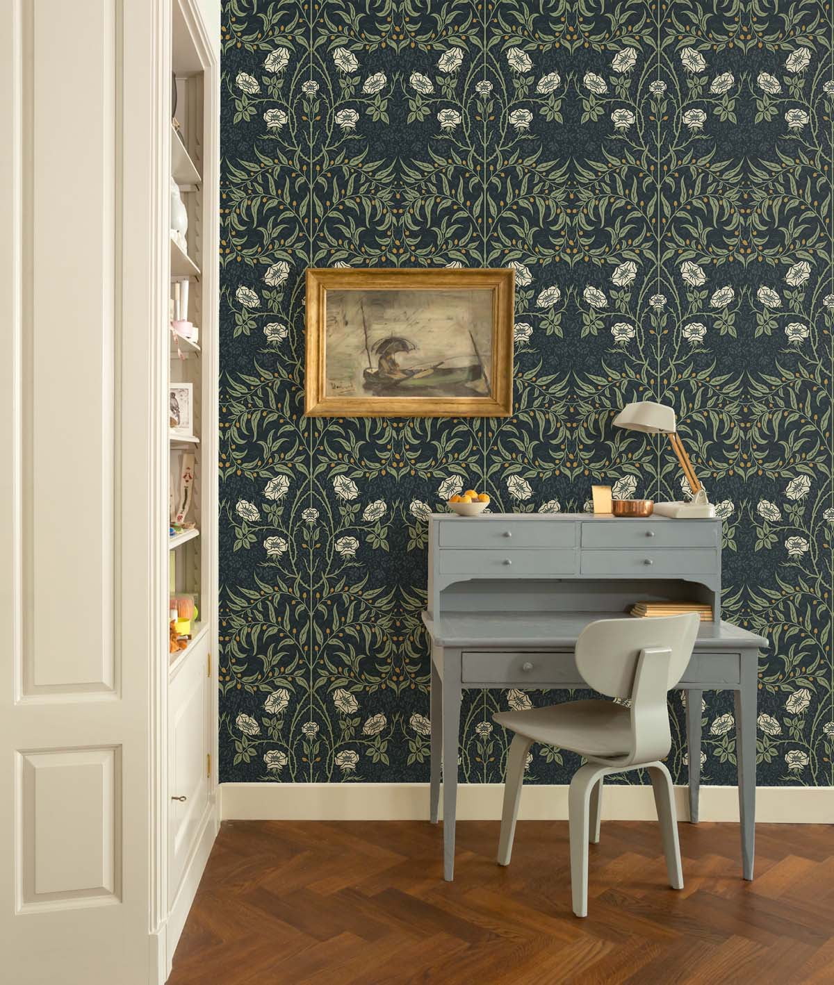 NextWall  Stenciled Floral Peel and Stick Wallpaper Navy & Sage