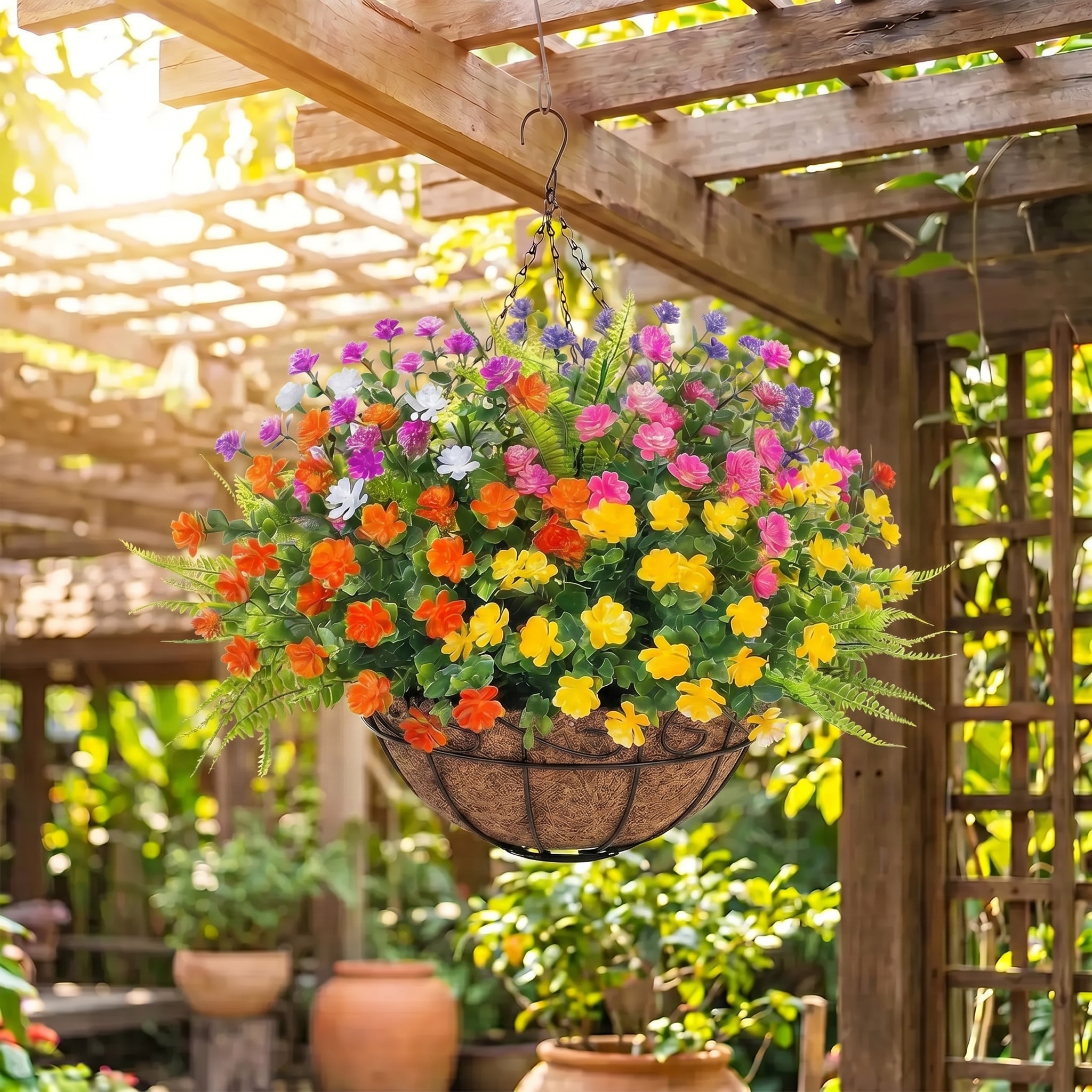 Scidweet Artificial Hanging Flowers with Basket, 12 Pcs Outdoors Fake Plants with Coconut Lining Basket Spring Summer Decoration for Home Garden Decor, Mixcolor