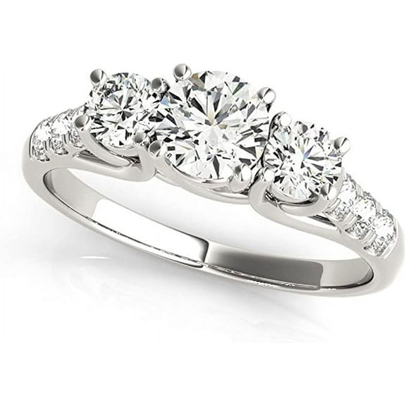 JewelMore 0.5 Ct. Halo Very Good Round Cut Classic Three-Stone Diamond Engagement Ring For Women| 14K Solid White Gold | 1/2 ctw Genuine Diamond Wedding Jewelry Collection