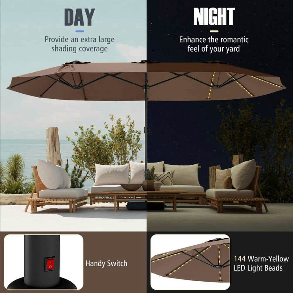 Demifill 15.5 FT Extra-Large Patio Umbrella, Outdoor Shade with LED Solar Lights and Crank Handle for Outdoor, Brown