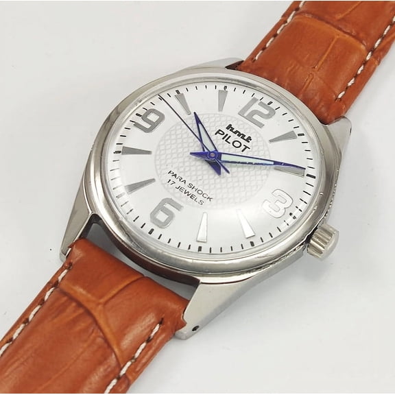 Vintage HMT Pilot Para Shock 17 Jewels Hand Winding White Dial With Tan Leather Strap India Made Wrist Watch