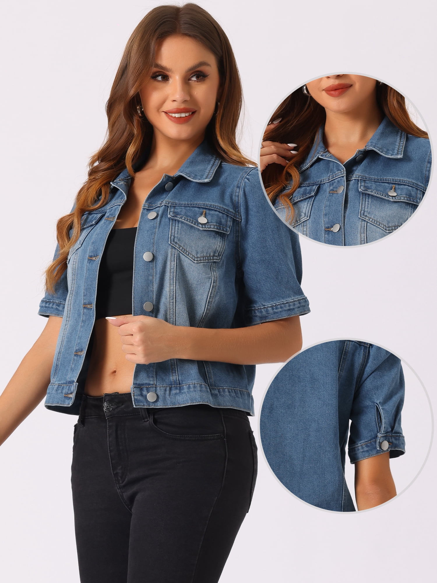 DARING DIVA Women's Short Puff Sleeves Button-Down Denim Jacket L Medium Blue