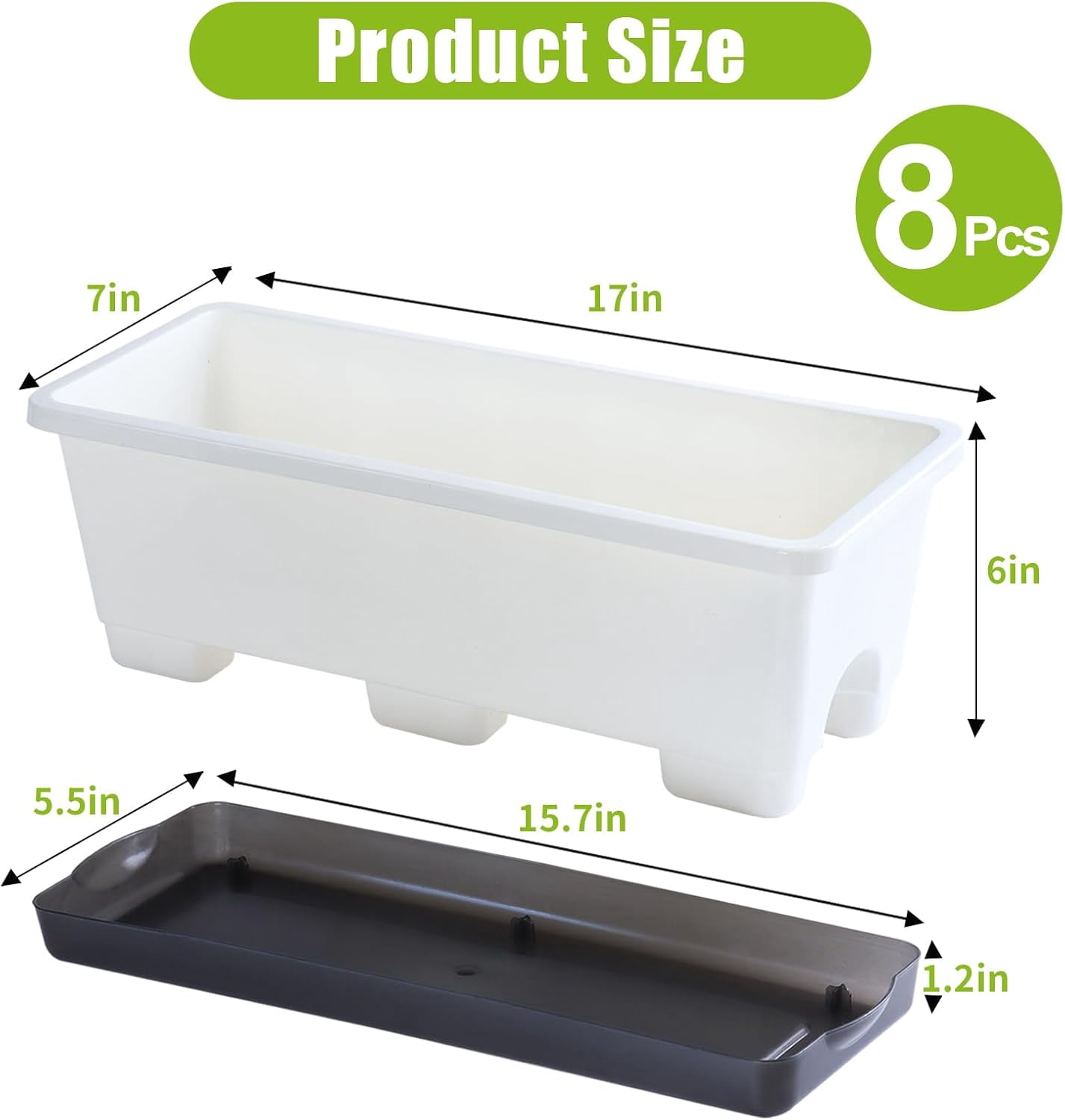 Window Box Planter 8 Pcs, 17 Inches Rectangle Flower Pots with Drainage Holes & Trays, Vegetable Planters for Windowsill Patio Garden Balcony Home Indoor Outdoor (White, 16 * 7 * 6 inch)