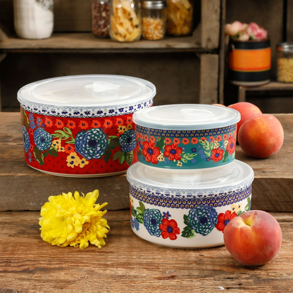 The Pioneer Woman Dazzling Dahlias 6Piece Ceramic Bowl Set with Lids