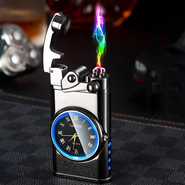 Meitianfacai Rechargeable Double Current Electronic Lighter With Clock RGB Light Effect And Power Display Electronic Lighter, Black