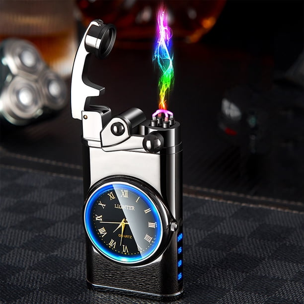 Encendedor electrónico recargable con reloj y luz RGB - USB-C, pantalla de batería, doble arco, metal antiviento
