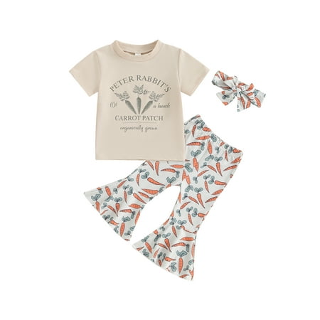 

Qtinghua Toddler Baby Girls Easter Outfits Letter Print Short Sleeve T-Shirt Carrot Print Flare Pants Headband 3Pcs Clothes Khaki 3-4 Years