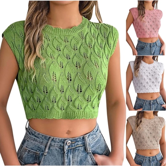 Wlynlyn Crop Tops for Women Hollow out Cap Sleeve Sweaters Crewneck Going out Knit Tops Trendy Tops