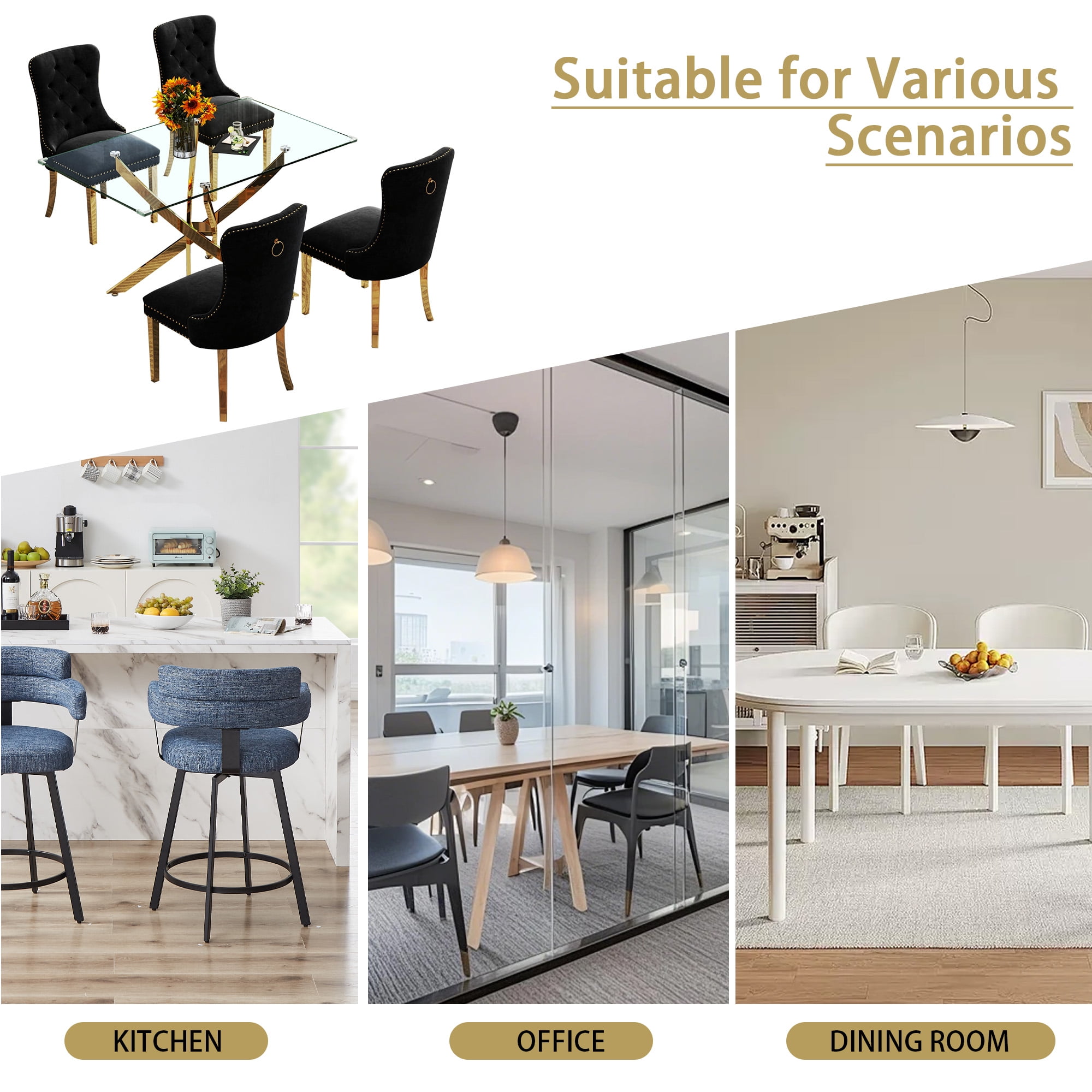 5-Piece Dining Table Set, 50" Modern Rectangular Tempered Glass Table & 4 Tufted Velvet Chairs with Stainless Steel Legs, Dining Set for Kitchen, Office
