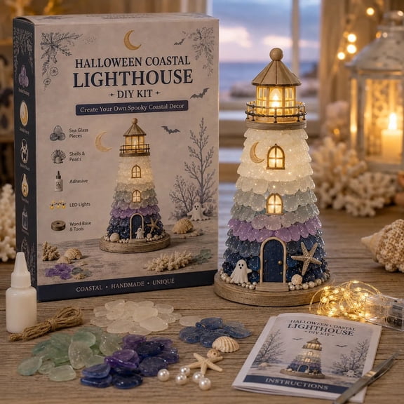 DIY Lighted Sea Glass‑Style Lighthouse Kit Collection, Build‑Your‑Own Illuminated Lighthouse Craft Set, Coastal Spooky Season Home Decor DIY Project