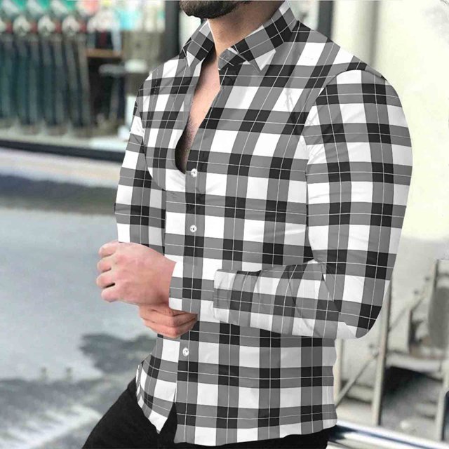 Timdgard Button down Shirts for Men Fall Plaid Lapel V Neck Long Sleeve Shirts Work Casual Tops