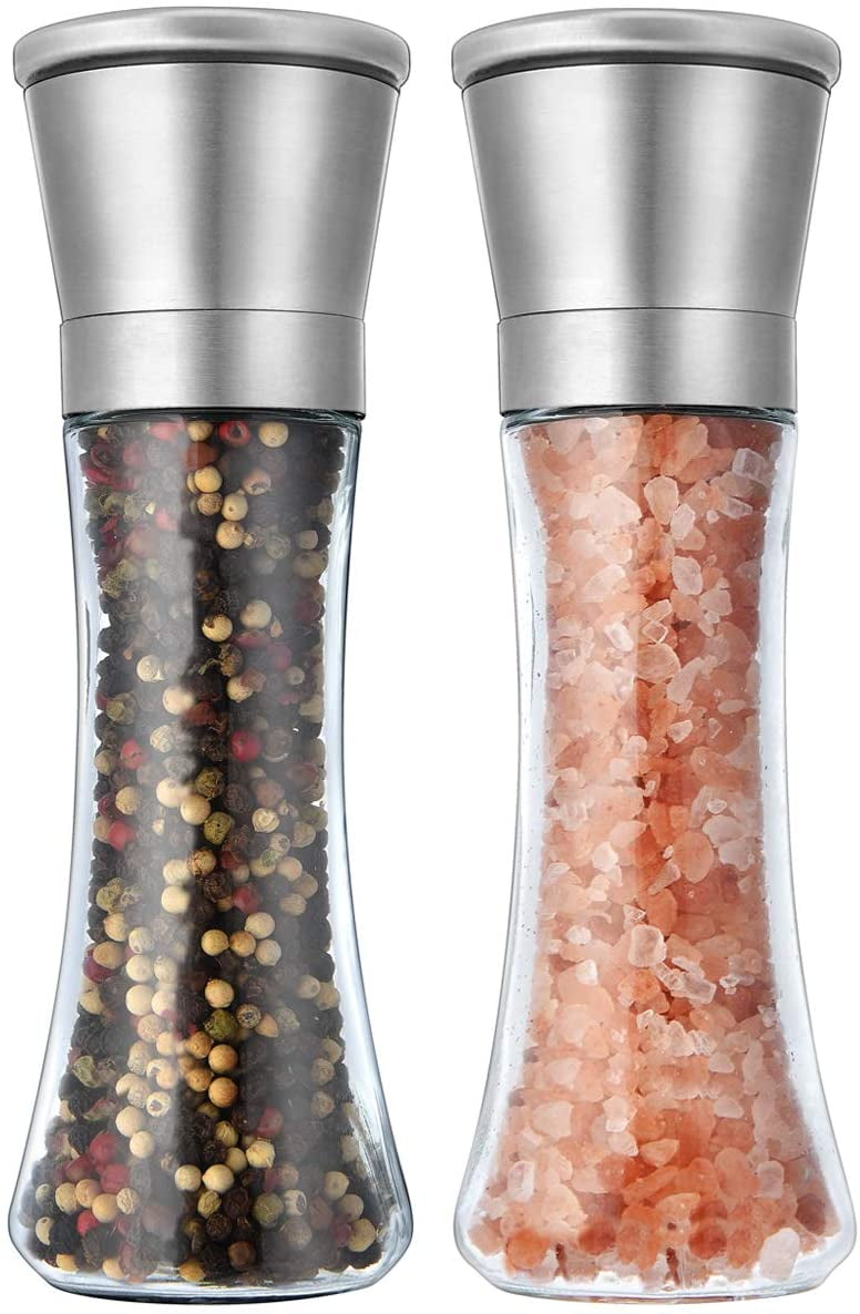 Salt and Pepper Grinder Set of 2 Tall Shakers Mill Glass Stainless Steel Spices