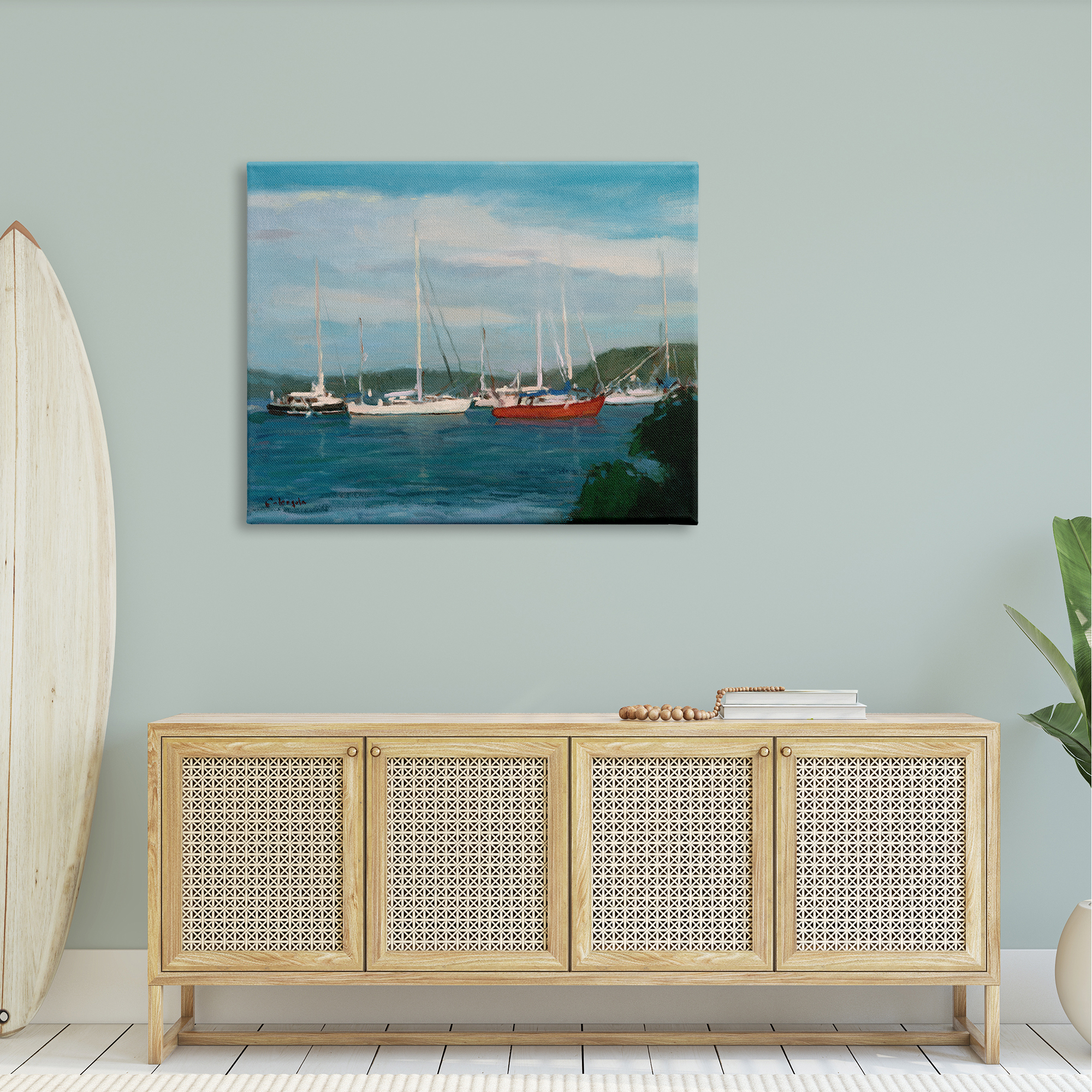 Stupell Industries Sailboat Fleet Afloat Ocean Water Distant Hills Painting Gallery Wrapped Canvas Print Wall Art, Design by Stephen Calcasola