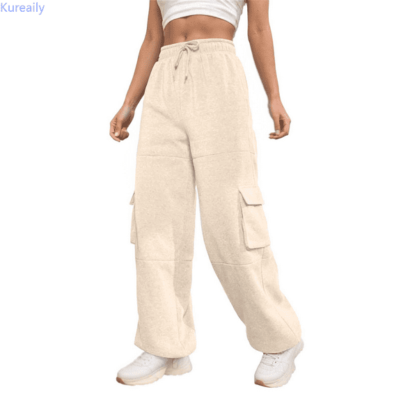 Kureaily Women Solid Casual High Waist Lace Up Workwear Pocket Straight Leg Sweatpants Work Casual Pants