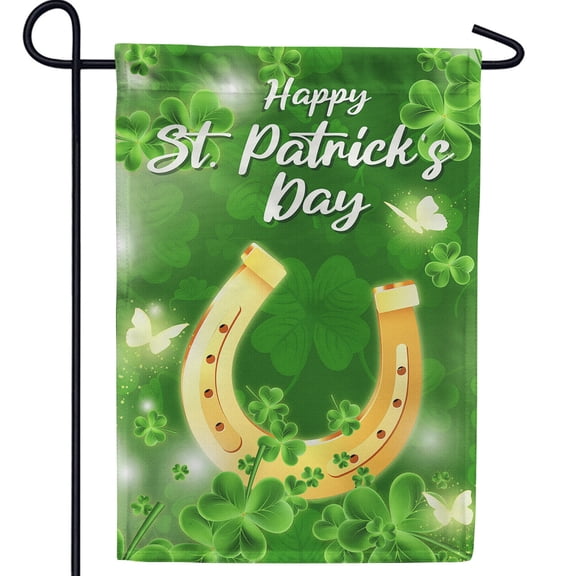 America Forever Lucky Golden Horseshoe Happy St Patricks Day Garden Flags 12.5" x 18" Double Sided Shamrock Green Clover Holiday Luck of the Irish Seasonal Outdoor Yard St Patricks Day Decorations