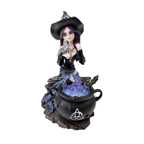 Halloween Witch Decor, 6.3”H, Sitting Witch with Blue Fire Cauldron Figurine,Halloween Witch Decoration Statue