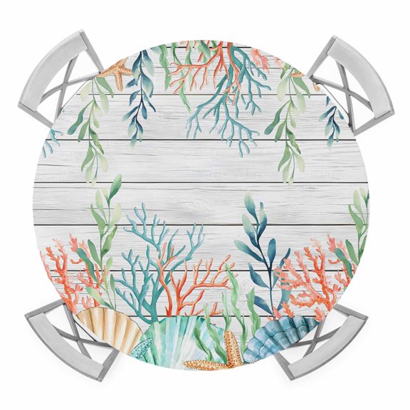 Elastic Fitted Round Tablecloth, Summer Coastal Waterproof Stretch Table Cover for 55"-60" Tables, Nautical Sea Coral Shell Starfish Wood Gray Washable Outdoor Tablecloths for Patio, Picnic, Camping