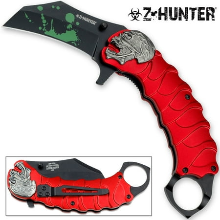 Z-HUNTER Zombie Tactical Karambit Red Knife Assisted-O Glass Breaker Finger