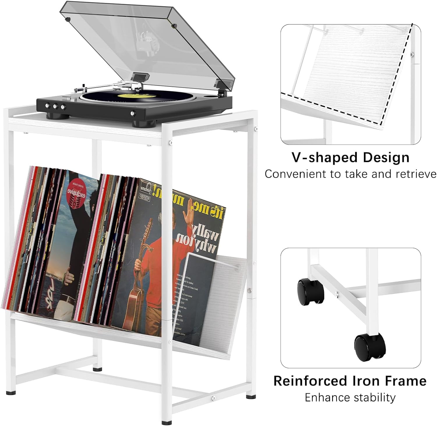 2-Tier End Table Record Player Stand with Wheels and Vinyl Storage Shelf, White