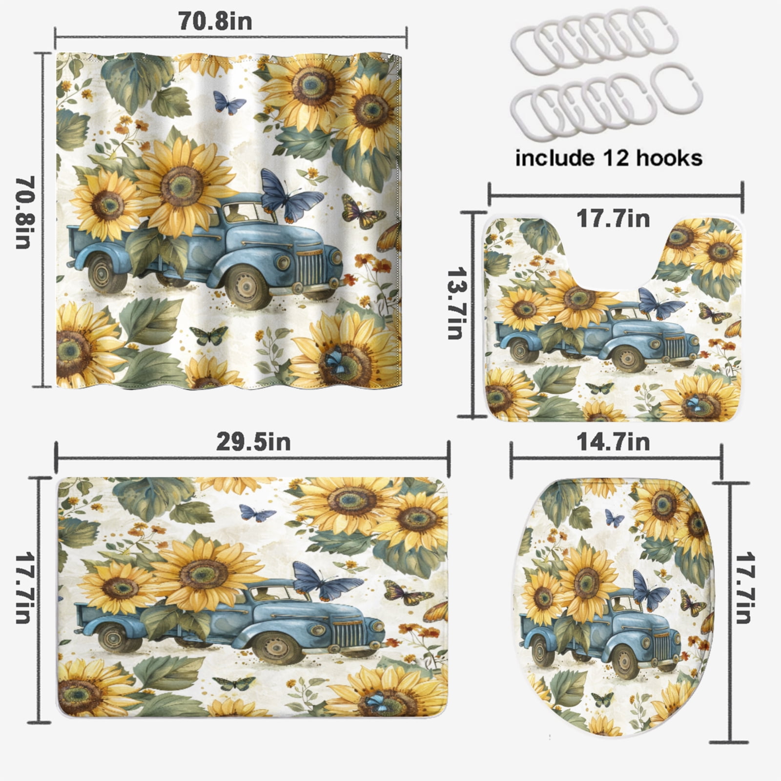 Sunflower Farm Truck 4 Pcs Shower Curtain Set Yellow Floral Farmhouse Flowers Butterflies with Non-Slip Rugs Toilet Lid Cover and Bath Mat Bathroom Decor Set, 72x72 Inch