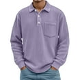 thumbnail image 2 of Long Sleeve Polo Shirts for Men Daily Loose Simple Corduroy Waffle Lapel Quarter Button Polo Shirt Casual Ribbed Stand Collar Tops with Pocket Purple L, 2 of 4