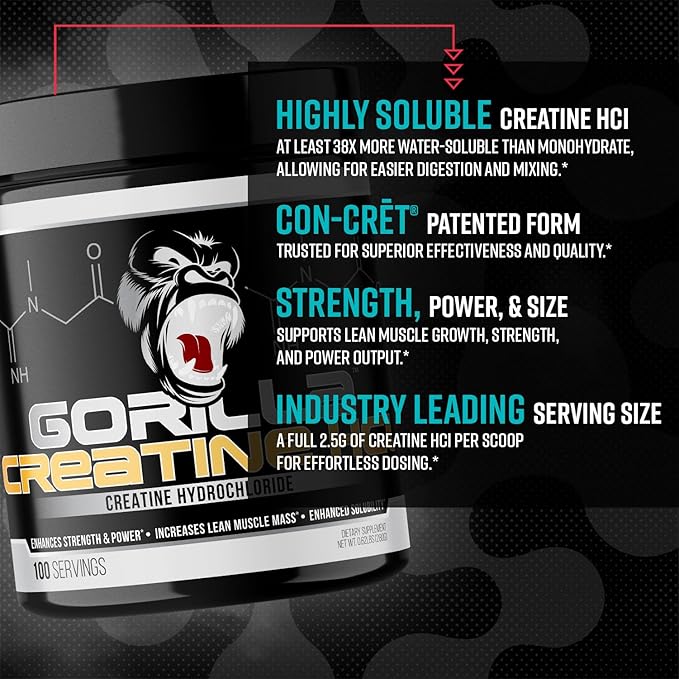 Gorilla Mind Creatine HCl Powder with Pepsin, Unflavored, 100 Servings
