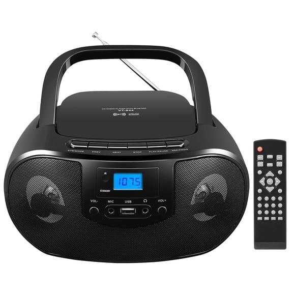 Portable CD Player Boombox with FM Radio, Top Loading CD Stereo Boom Box for Home, Bluetooth, Remote Control, LED Light, Headphone/Mic Jack, Support