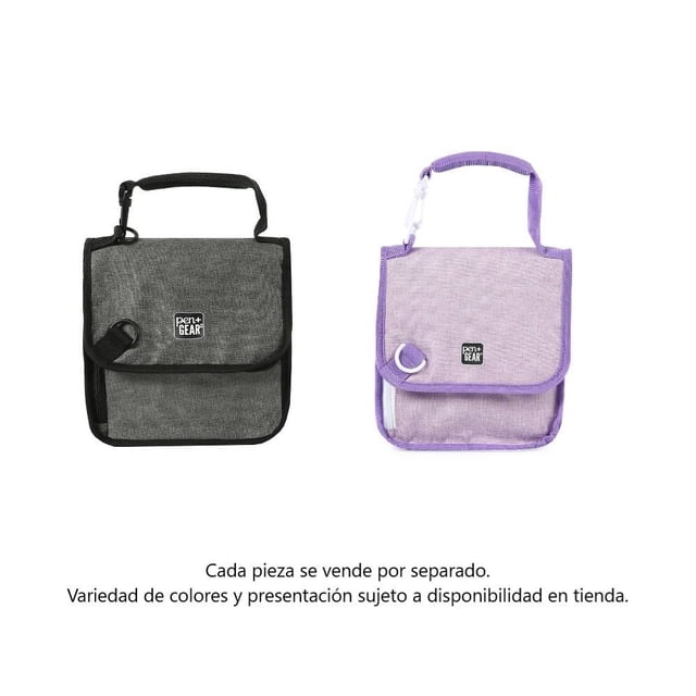 lonchera pen + gear térmica con cierre 1 pieza lonchera térmica tipo bolso, vista frontal centrada de dos unidades (gris y lila) con asa acolchada y Swing Clip; solapa con doble cierre (solapa o cremallera) para mayor capacidad, bolsillo frontal con cremallera y logo Pen+Gear en el frente; adecuada para llevar comidas y snacks en escuela o trabajo.