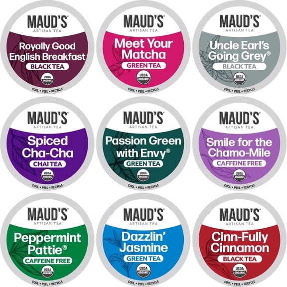 Maud's 9 Blend Organic Tea Pods Variety Pack, 48 ct, 9 Assorted Flavors, Single Serve Pods –100% Gourmet Blended Tea Leaves, Compatible with Keurig K Cups Maker