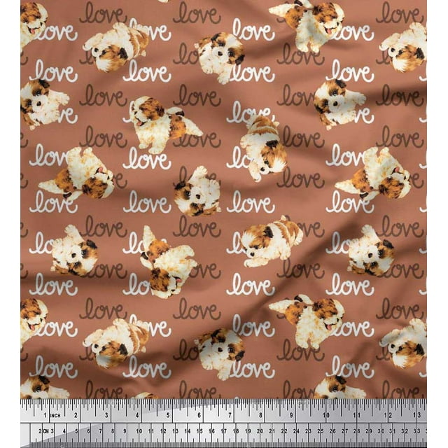 Soimoi Poly Georgette Fabric Love Text & Puppies Dog Printed Craft Fabric by the Yard 52 Inch Wide