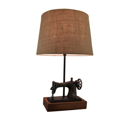 - Antique Finish Vintage Sewing Machine Table Lamp w/Burlap Fabric Shade 20 Inch