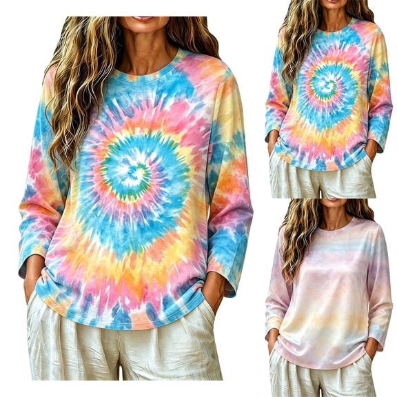 IMENGL Womens Long Sleeve Top Casual Tie Dye Sweat Neck Pullover Loose Basic Long Sleeve Shirts for Women,M-XXXXL