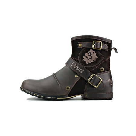 

Lacyhop Men Ankle Booties Strap Buckle Cowboy Boots Motorcycle Biker Boot Work Round Toe Shoes Non Slip Size Zip Dark Brown 10