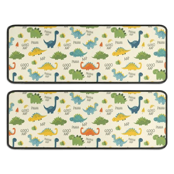 Dinosaur and Text Beige Pattern Anti Fatigue Kitchen Rugs Set Of 2, Non Slip Washable Decorative Floor Mats for Sink Laundry and Home Use, 17"x47"