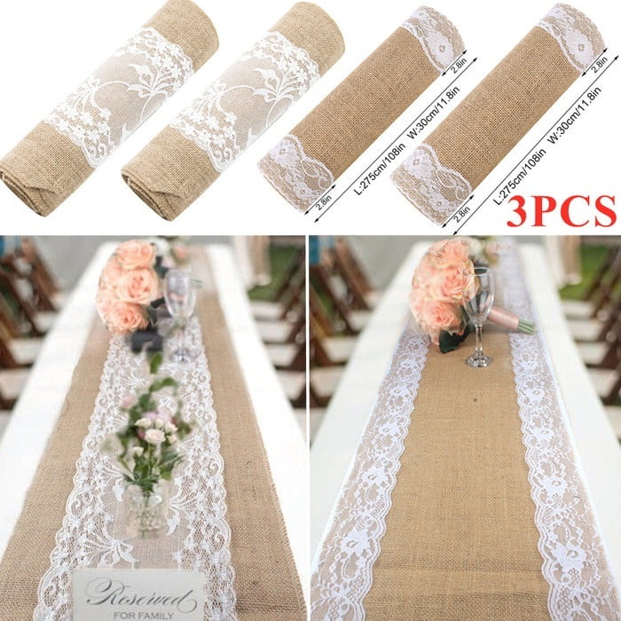 Wedding Burlap White Lace Table Runner Floral Hessian Party Home Decor 12" x108" 