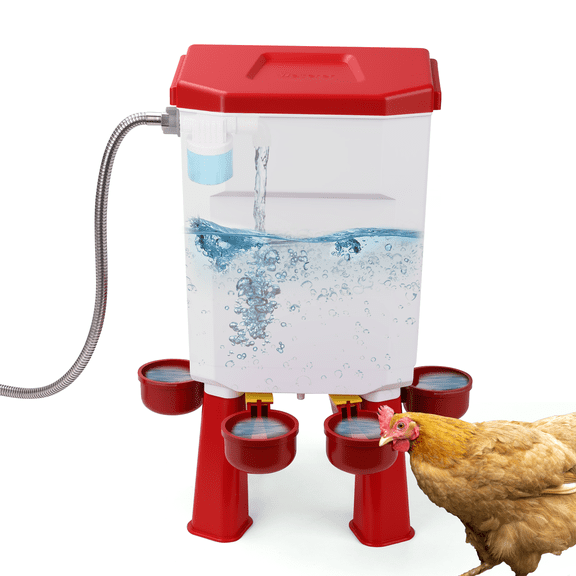 LLNC Chicken Waterer Float-Controlled Automatic Continuous Fresh Water Filtered Float- Chicken Waterer 2 Gallons Large Poultry Waterer for Duck, Quail, Turkey, Chick (Red)
