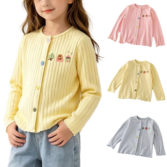 Falkdiz Girls Outdoor Shirts Ribbed Knit Winter Tops Long Sleeve Cute School Graphic Crew Neck Button Up for Girls , Blue , Size: 2-3 Years