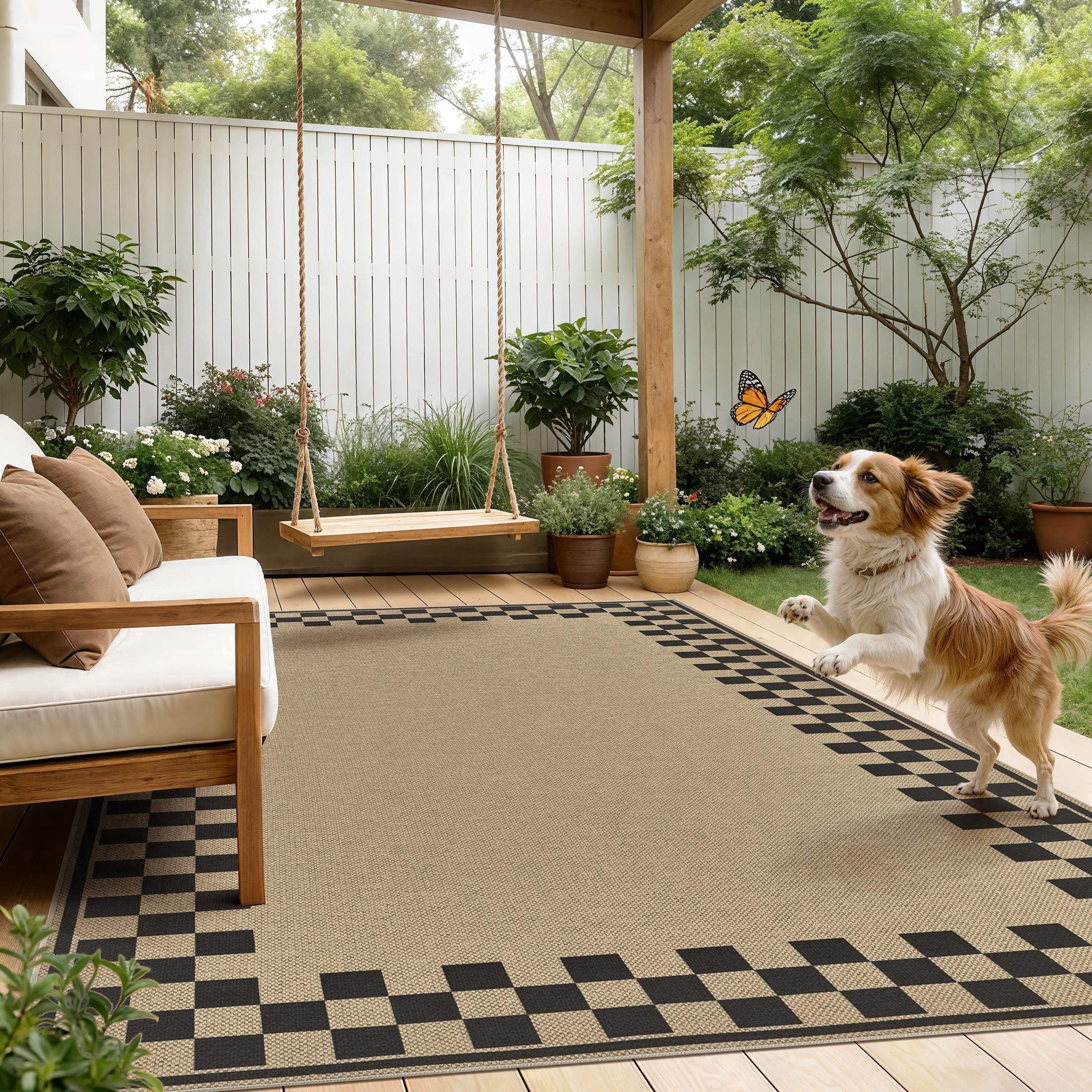 UERMEI 5x7 Area Rug for Living Room: Washable Non Slip Jute Look Carpet Low Pile Farmhouse Rug for Bedroom Under Coffee Table Dining Room - Geometric Brown